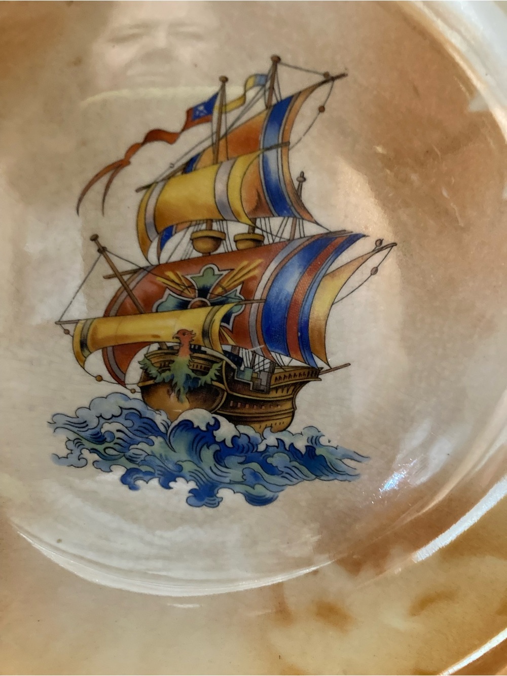 Thompson Peach-Glazed Ceramic Serving Bowl with Colorful Ship Motif - Picture 2 of 4